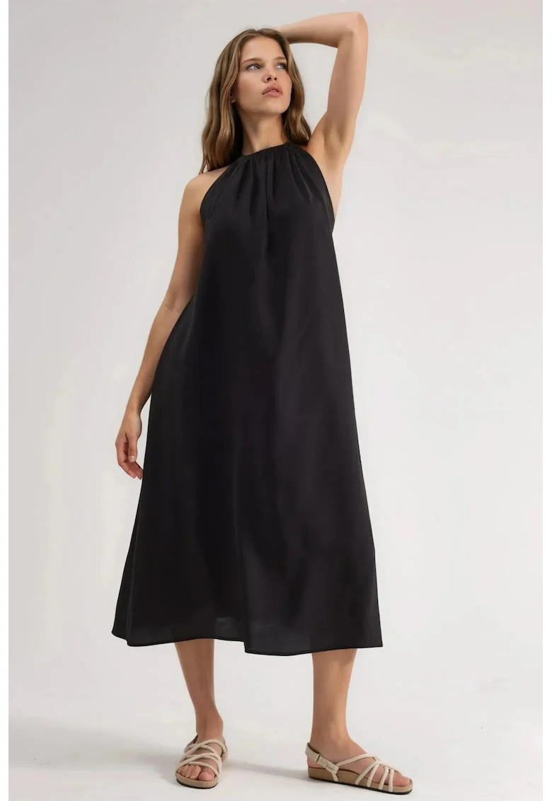 Rochie lunga dama,  detalii drapate, negru, poliester/modal