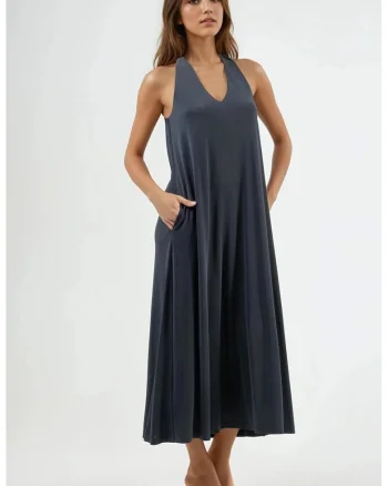 Rochie Maxi dama,  decolteu in V, drapaj, gri inchis, modal/poliester