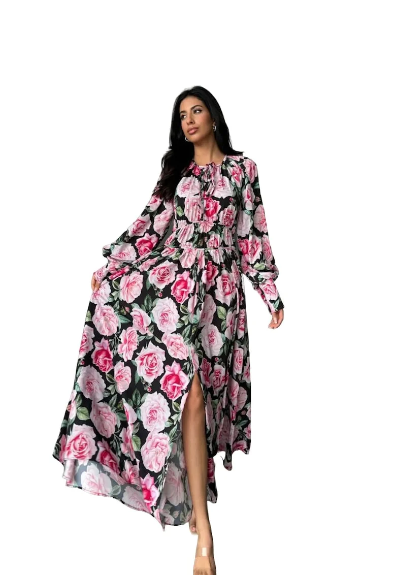 Rochie Maxi Florala MSN, maneci lungi, guler elegant, multicolor, poliester-lycra