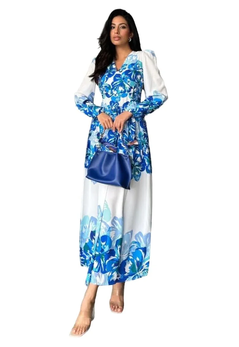 Rochie Maxi,  Floral, Albastru, Poliester/Bumbac