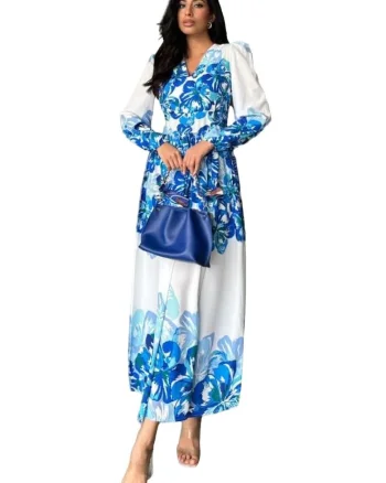 Rochie Maxi,  Floral, Albastru, Poliester/Bumbac