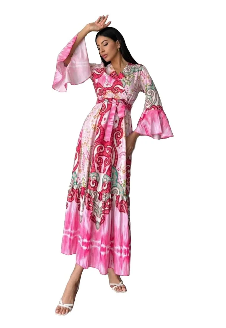 Rochie Maxi,  cu gat in V, roz, bumbac, poliester