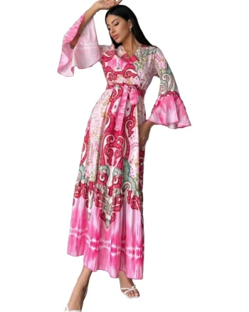 Rochie Maxi,  cu gat in V, roz, bumbac, poliester