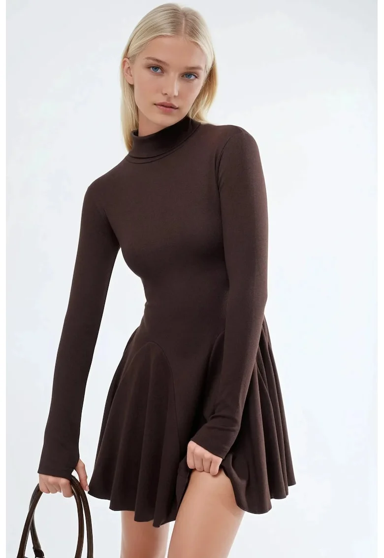 Rochie  Mini, guler inalt, maro, bumbac-elastan