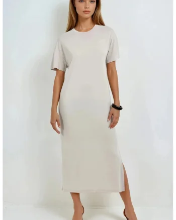 Rochie midi  croiala lejera cu slit, bej, jerseu, modal/poliester