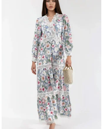 Rochie Maxi,  Decolteu in V, Multicolor, Poliester/Bumbac/Lycra