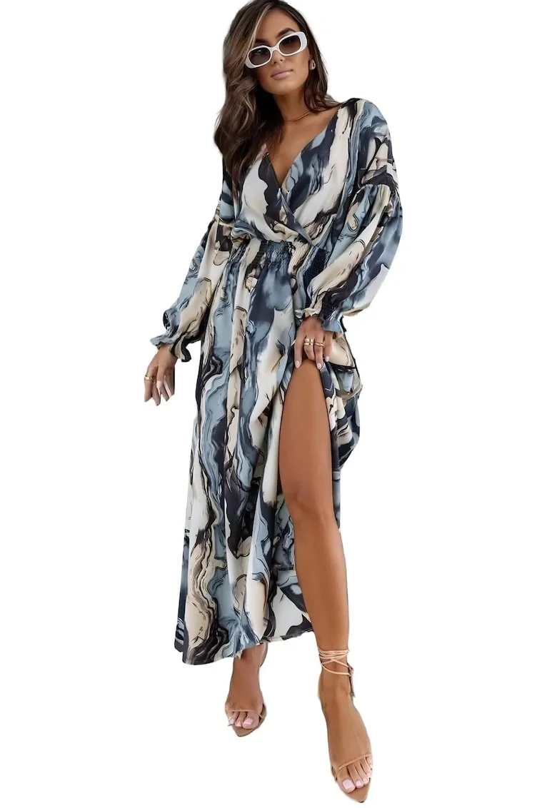 Rochie Maxi,  abstracta cu slit si decolteu in V, poliester-bumbac-lycra