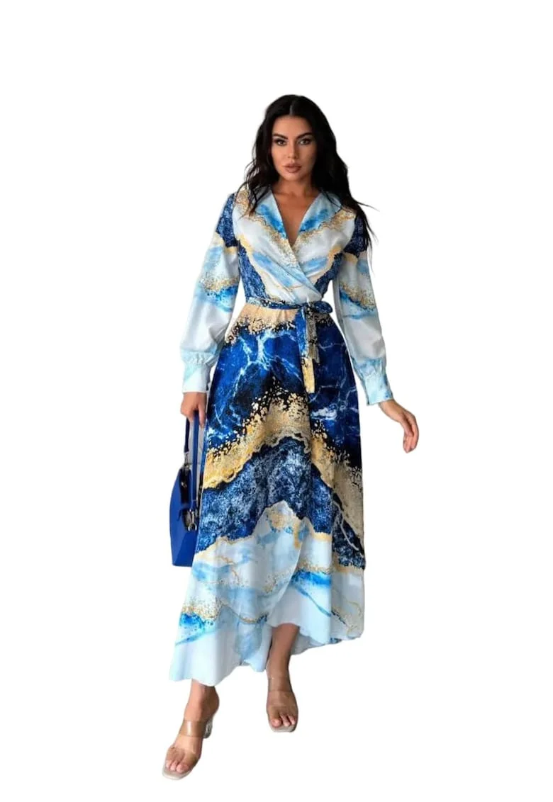 Rochie Maxi,  imprimeu abstract, albastru, poliester/lycra