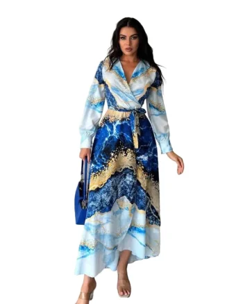 Rochie Maxi,  imprimeu abstract, albastru, poliester/lycra