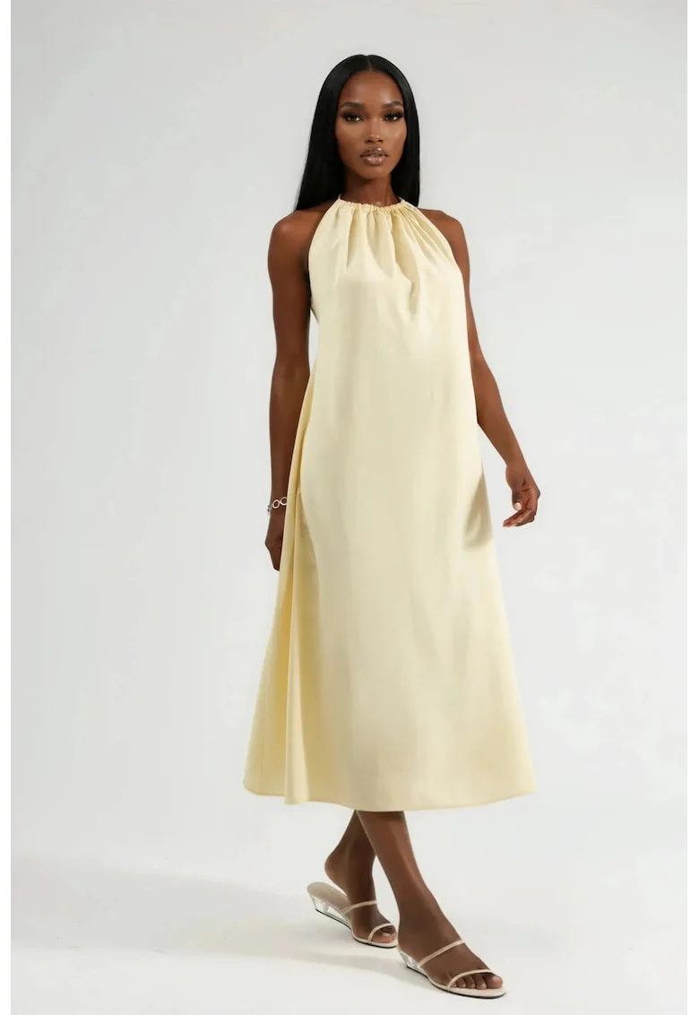 Rochie lunga  detalii drapate, galben, modal|poliester