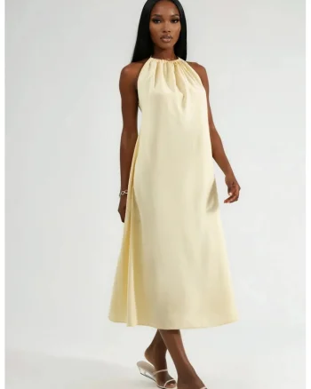 Rochie lunga  detalii drapate, galben, modal|poliester