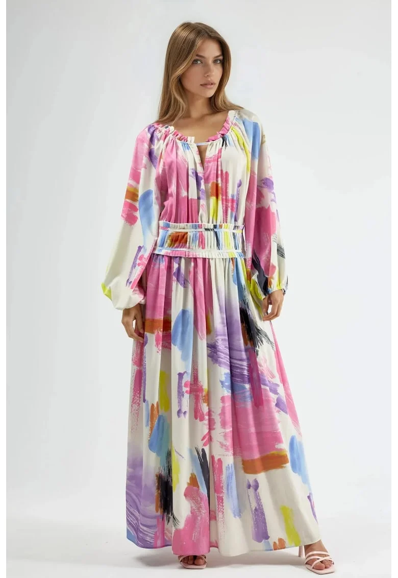 Rochie Maxi,  imprimeu abstract, roz, poliester/lycra