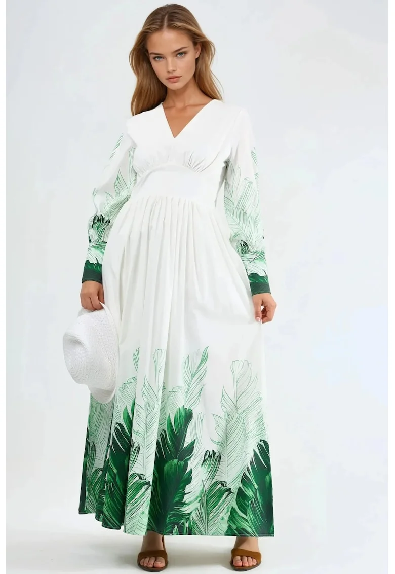 Rochie maxi  imprimeu floral tropical, alb