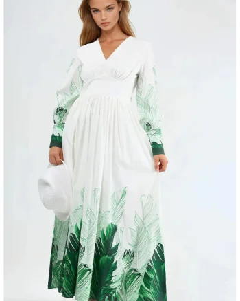 Rochie maxi  imprimeu floral tropical, alb
