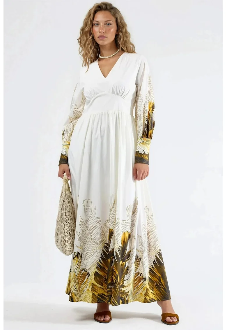 Rochie maxi, MSN, imprimeu floral tropical, alb, poliester