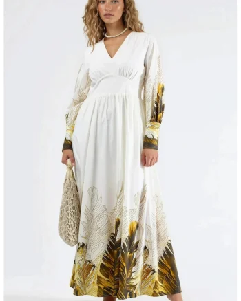 Rochie maxi, MSN, imprimeu floral tropical, alb, poliester