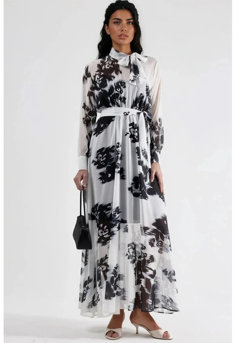 Rochie Maxi dama,  Floral, Alb/Negru, Poliester/Bumbac/Lycra
