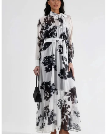 Rochie Maxi dama,  Floral, Alb/Negru, Poliester/Bumbac/Lycra