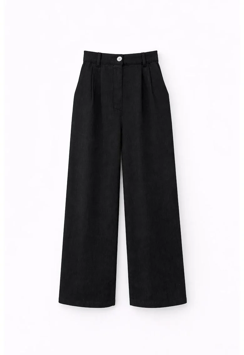 Pantaloni dama,  catifea, talie inalta, croiala dreapta, negru