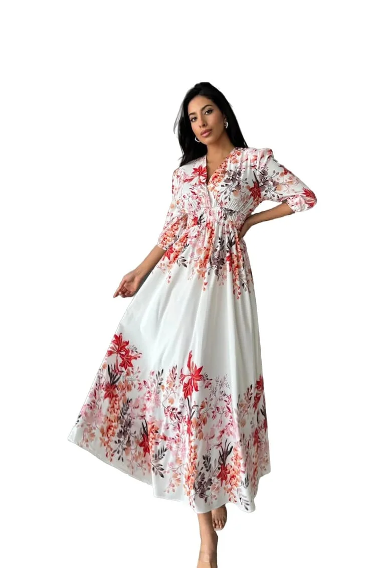 Rochie maxi,  floral, decolteu in V, alb, poliester/lycra