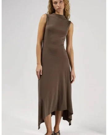Rochie midi asimetrica  maro, jerseu, fara maneci, guler rotund, poliester/elastan