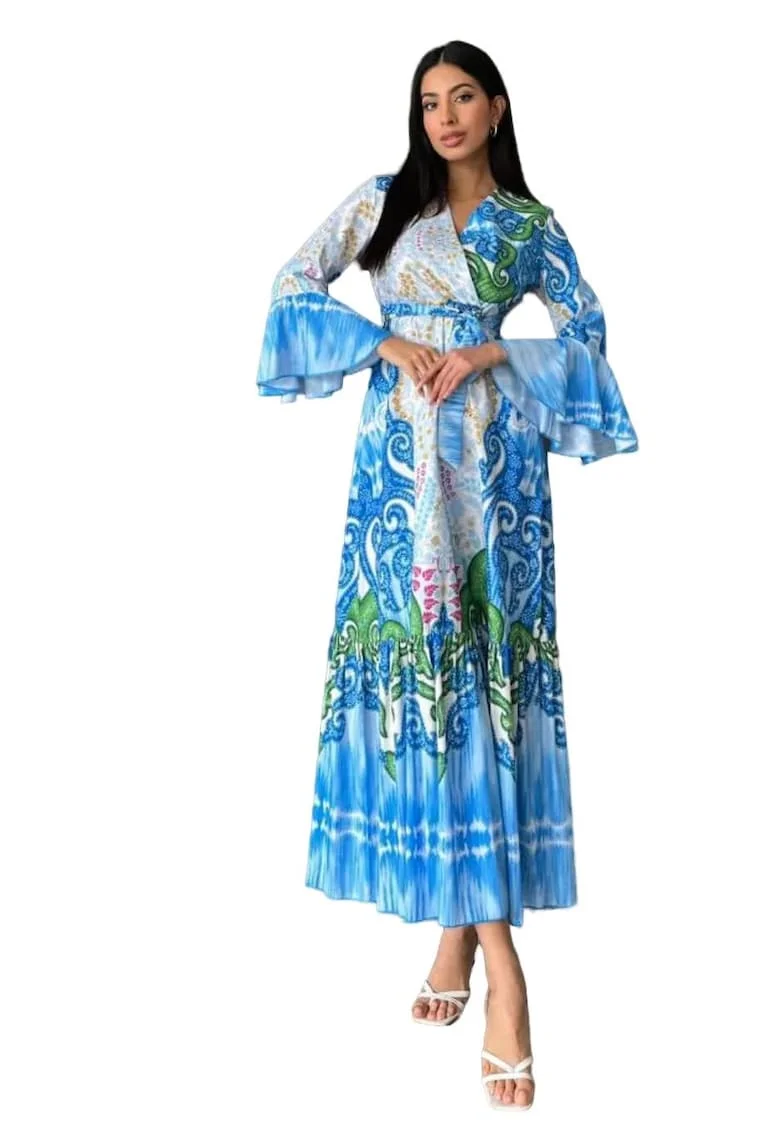 Rochie Maxi,  guler in V, albastru, bumbac/poliester