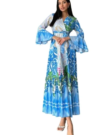 Rochie Maxi,  guler in V, albastru, bumbac/poliester