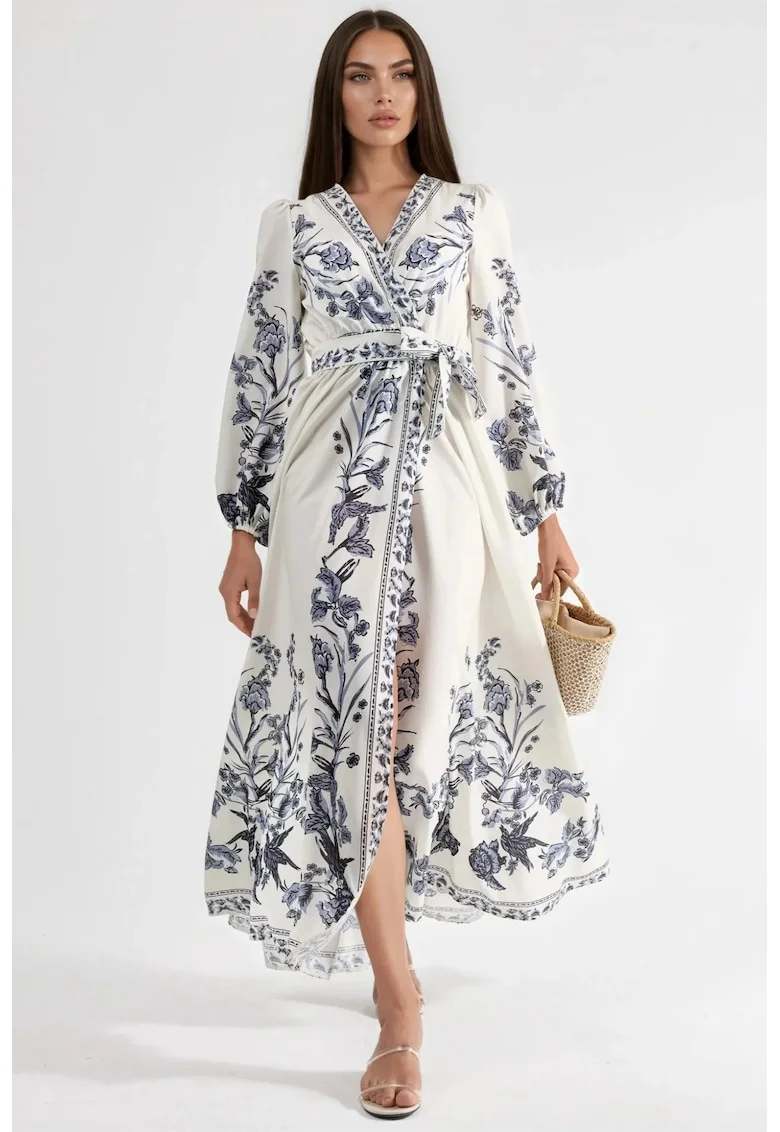 Rochie Maxi dama,  Florala, Alb/Bleumarin, Poliester/Lycra