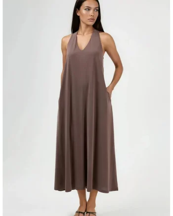 Rochie Maxi dama  decolteu in V, drapaj, maro, modal/poliester