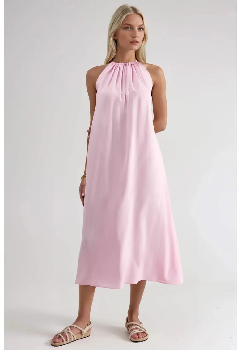 Rochie lunga  detalii drapate, poliester/modal, Roz pudrat