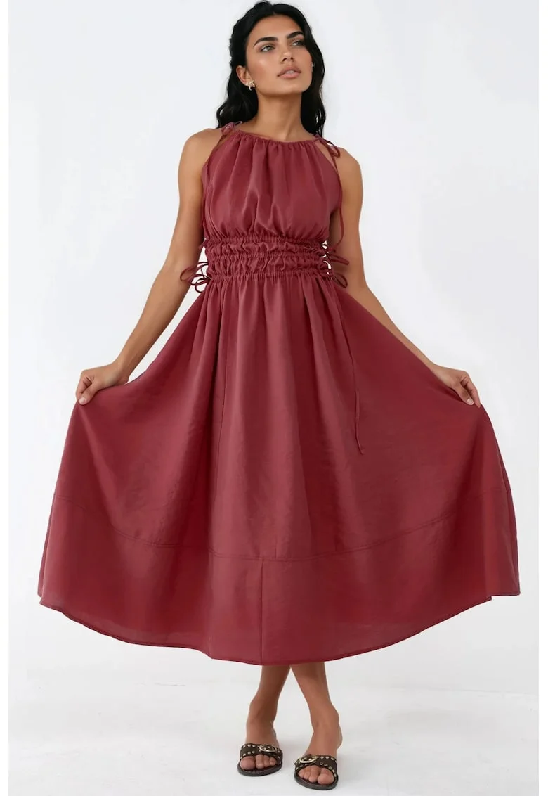 Rochie lunga  detalii elastice, rosu, modal-poliester