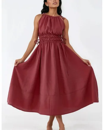 Rochie lunga  detalii elastice, rosu, modal-poliester
