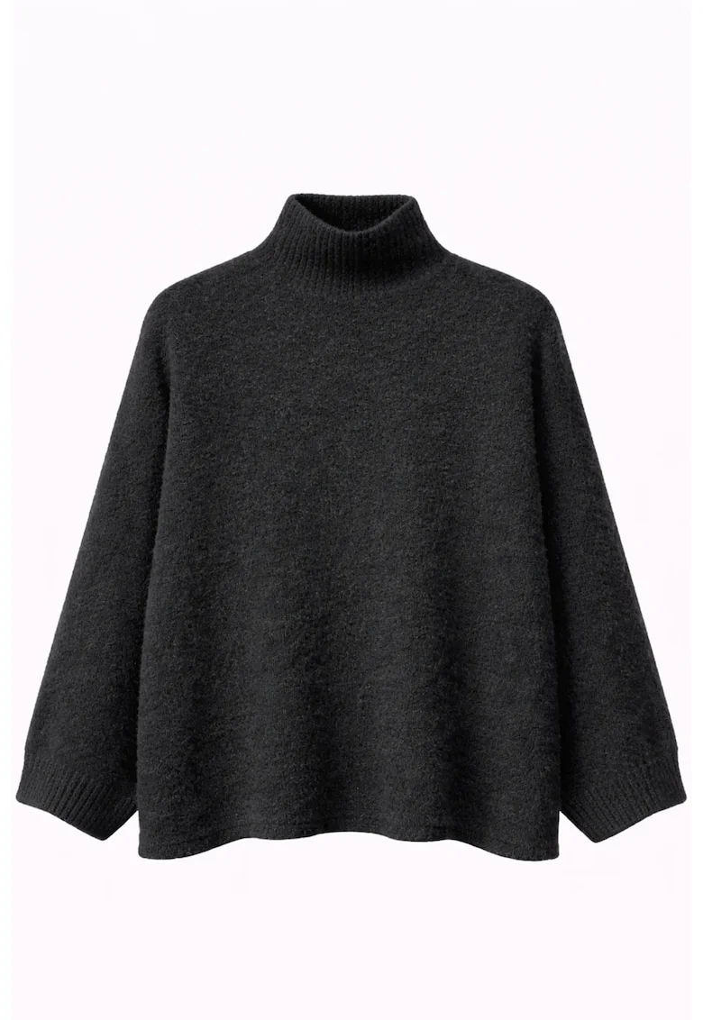 Pulover dama,  supradimensionat, guler inalt, 100% poliester, Negru