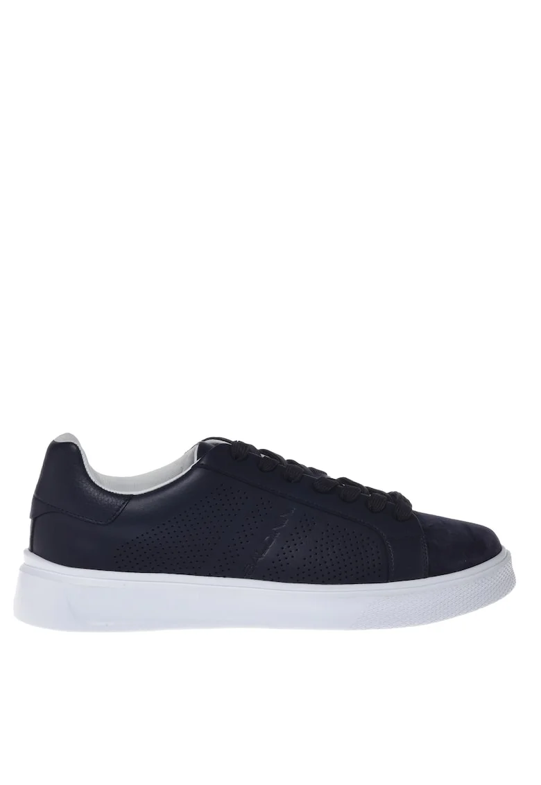 Pantofi sport de piele si piele intoarsa cu perforatii, Bleumarin