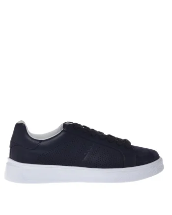 Pantofi sport de piele si piele intoarsa cu perforatii, Bleumarin