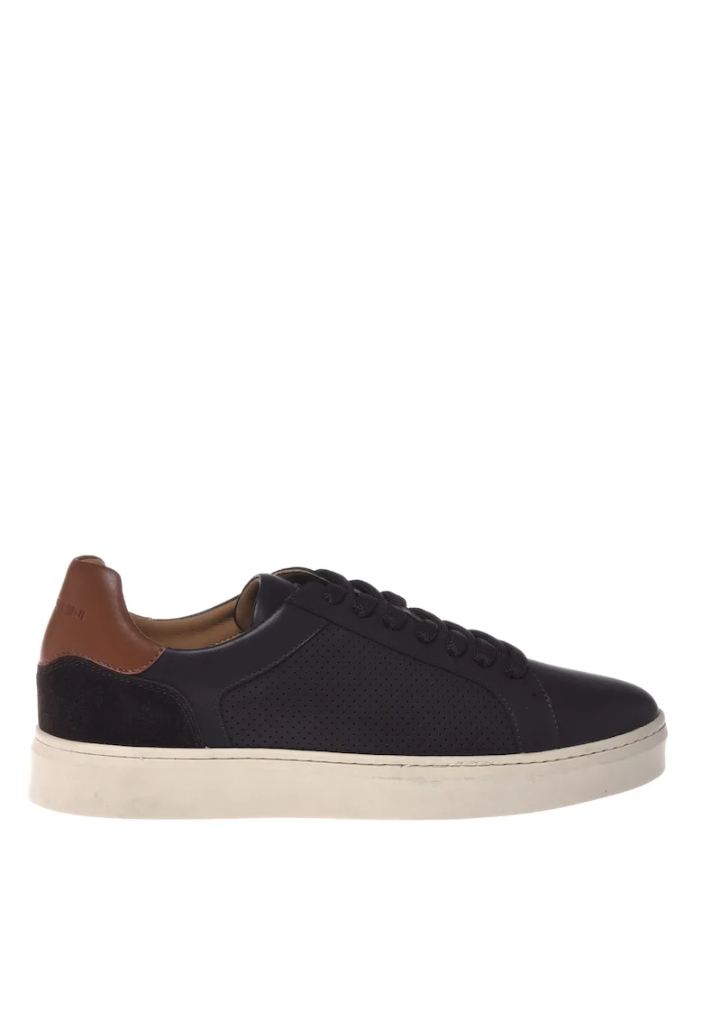Pantofi sport de piele cu garnituri de piele intoarsa si perforatii, Maro inchis