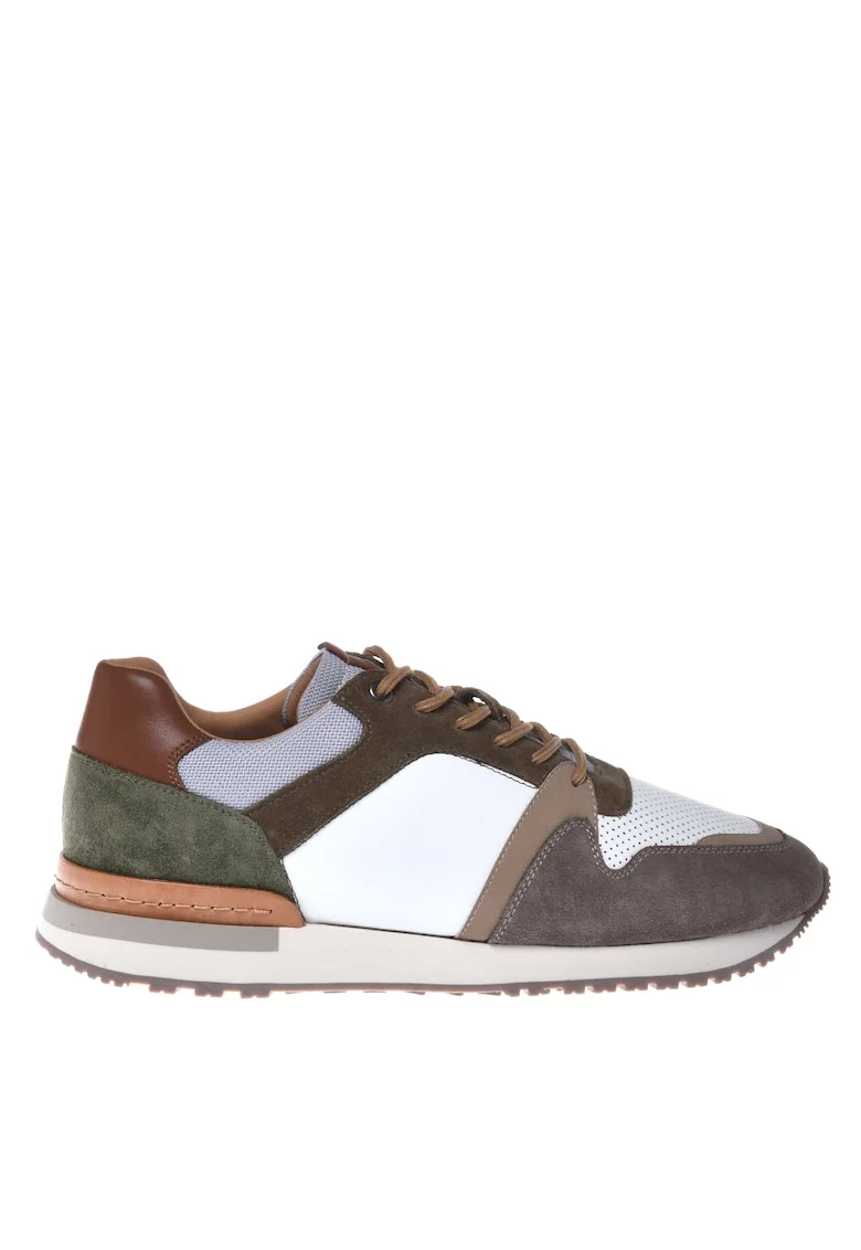 Pantofi sport de piele si piele intoarsa cu design colorblock, Alb/Maro