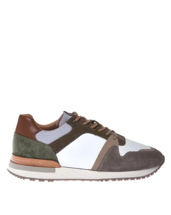 Pantofi sport de piele si piele intoarsa cu design colorblock, Alb/Maro