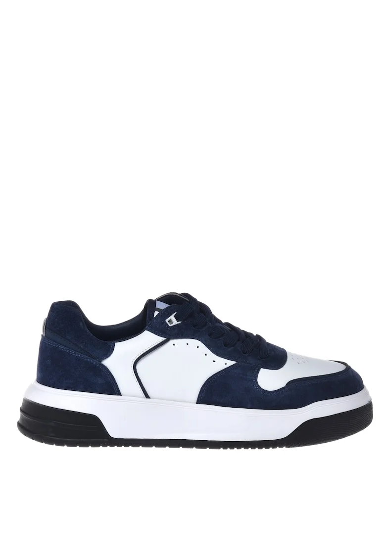 Pantofi sport de piele intoarsa si piele cu model colorblock, Alb/Albastru indigo