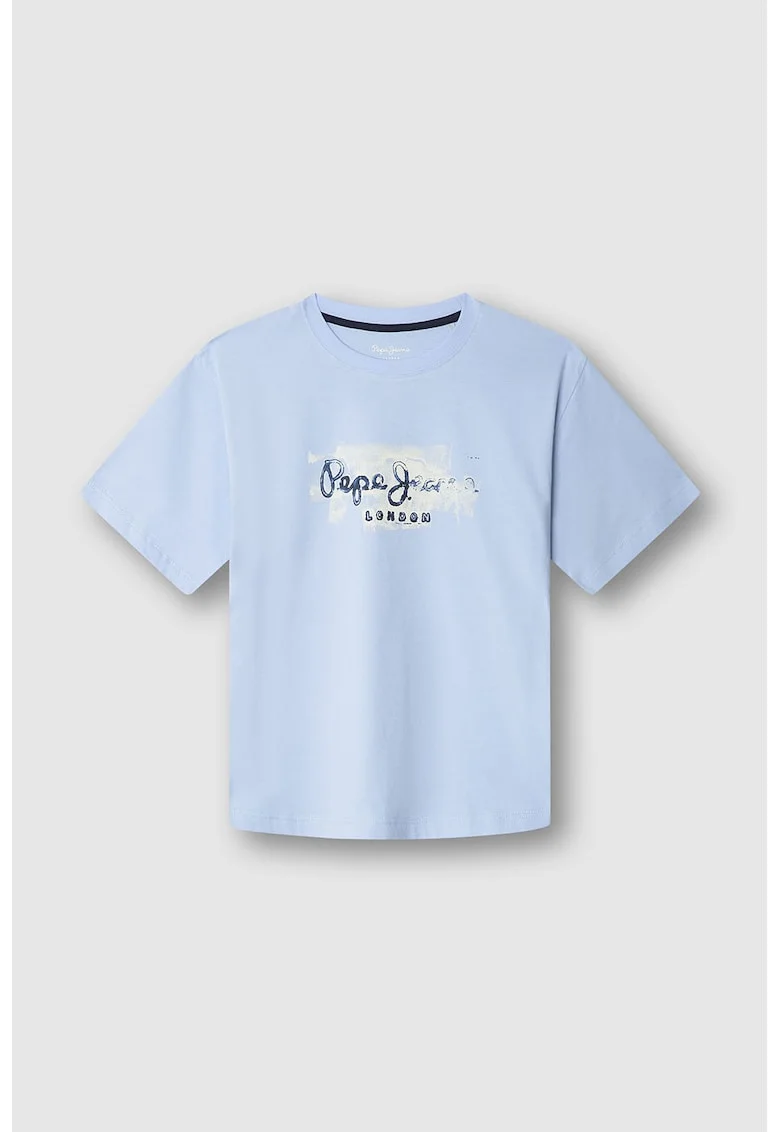 Tricou de bumbac cu decolteu la baza gatului, Albastru pastel