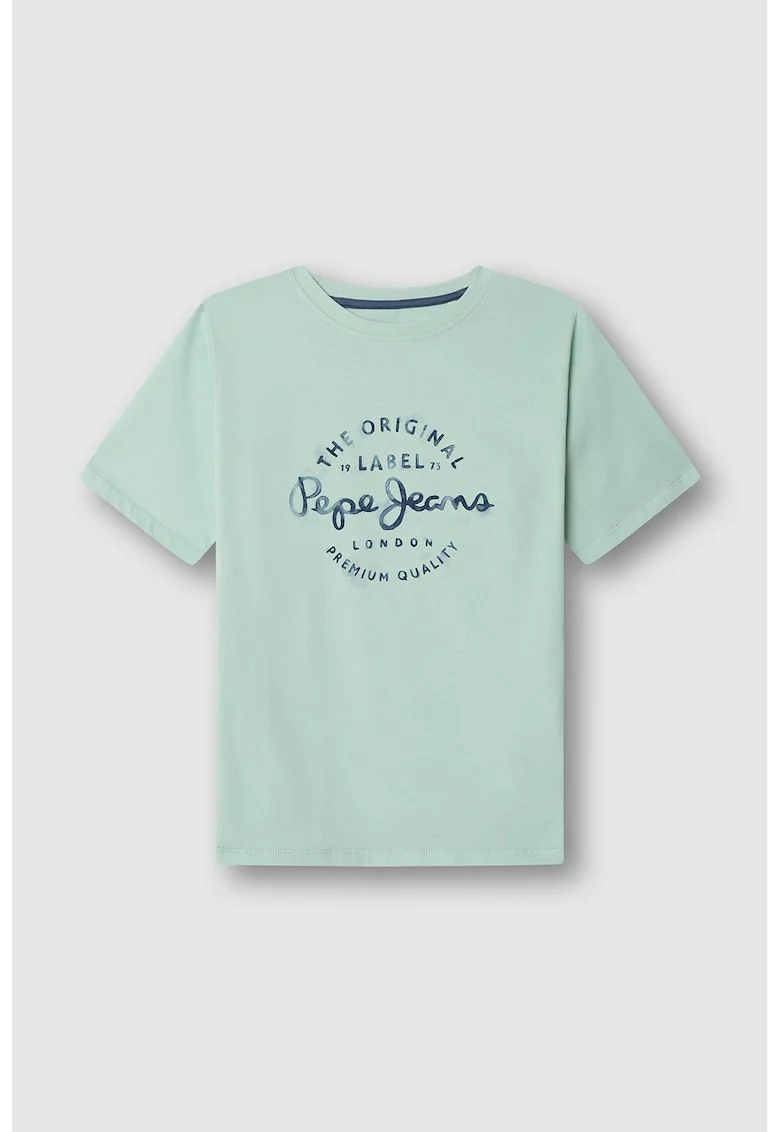 Tricou cu logo si decolteu rotund, Albastru ultramarin/Verde pal