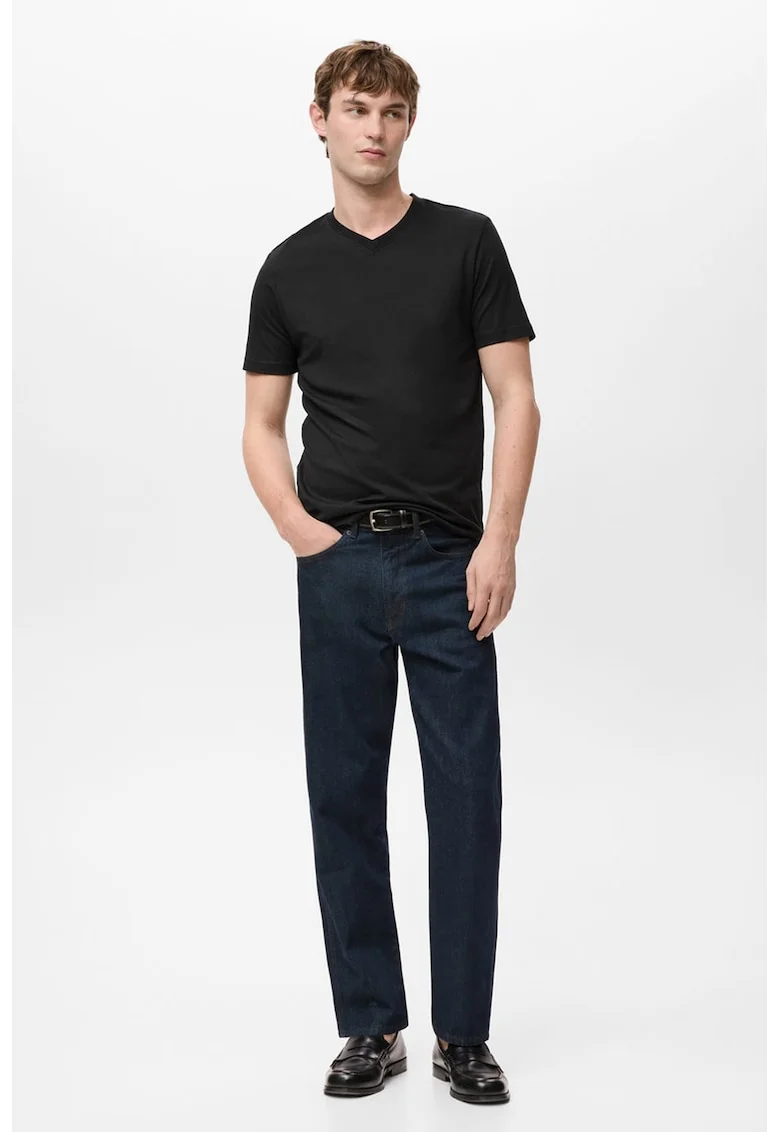 Tricou reagular-fit de bumbac cu decolteu in V, Negru