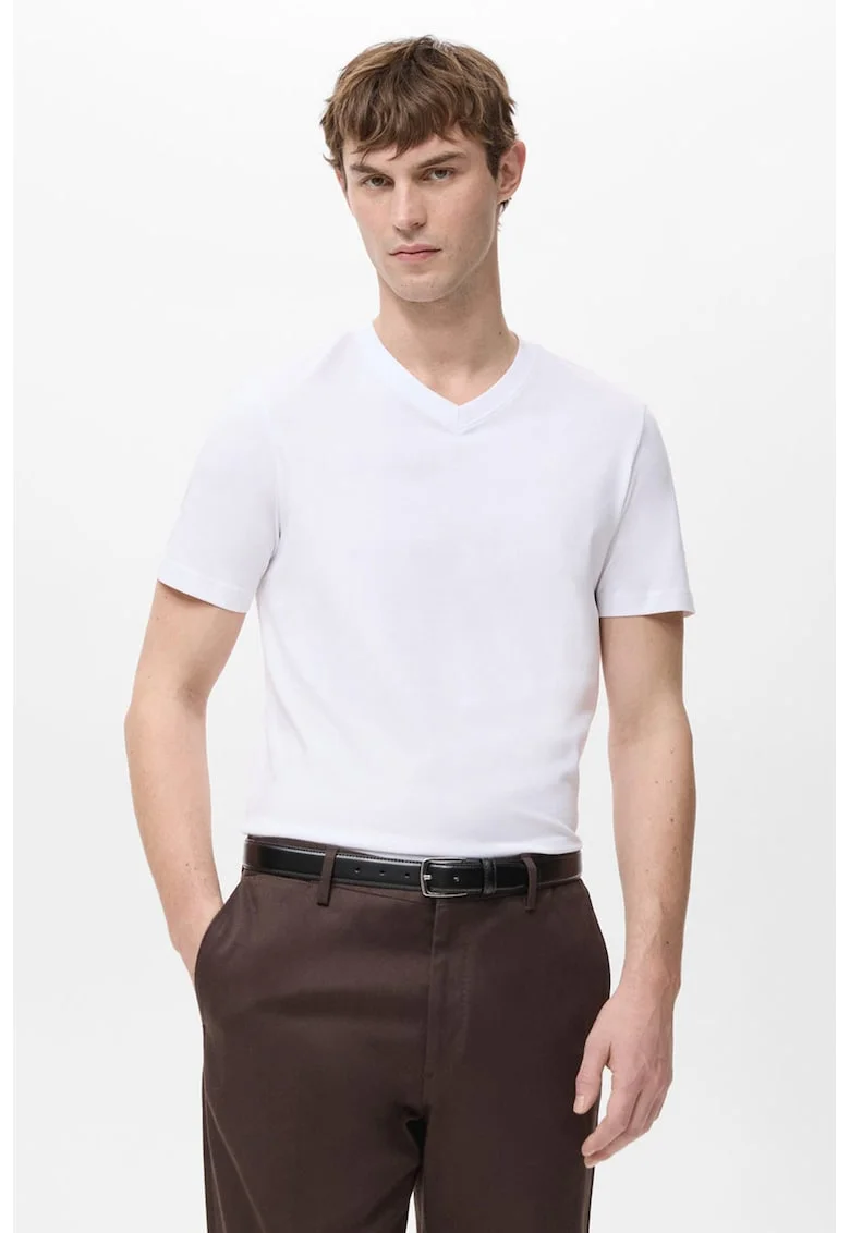 Tricou reagular-fit de bumbac cu decolteu in V, Alb