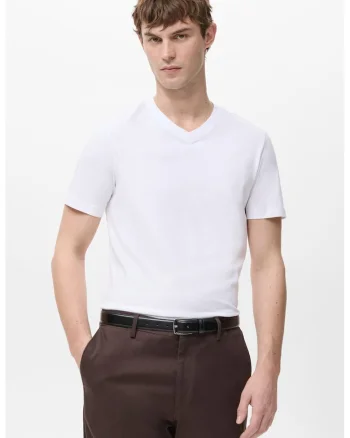 Tricou reagular-fit de bumbac cu decolteu in V, Alb