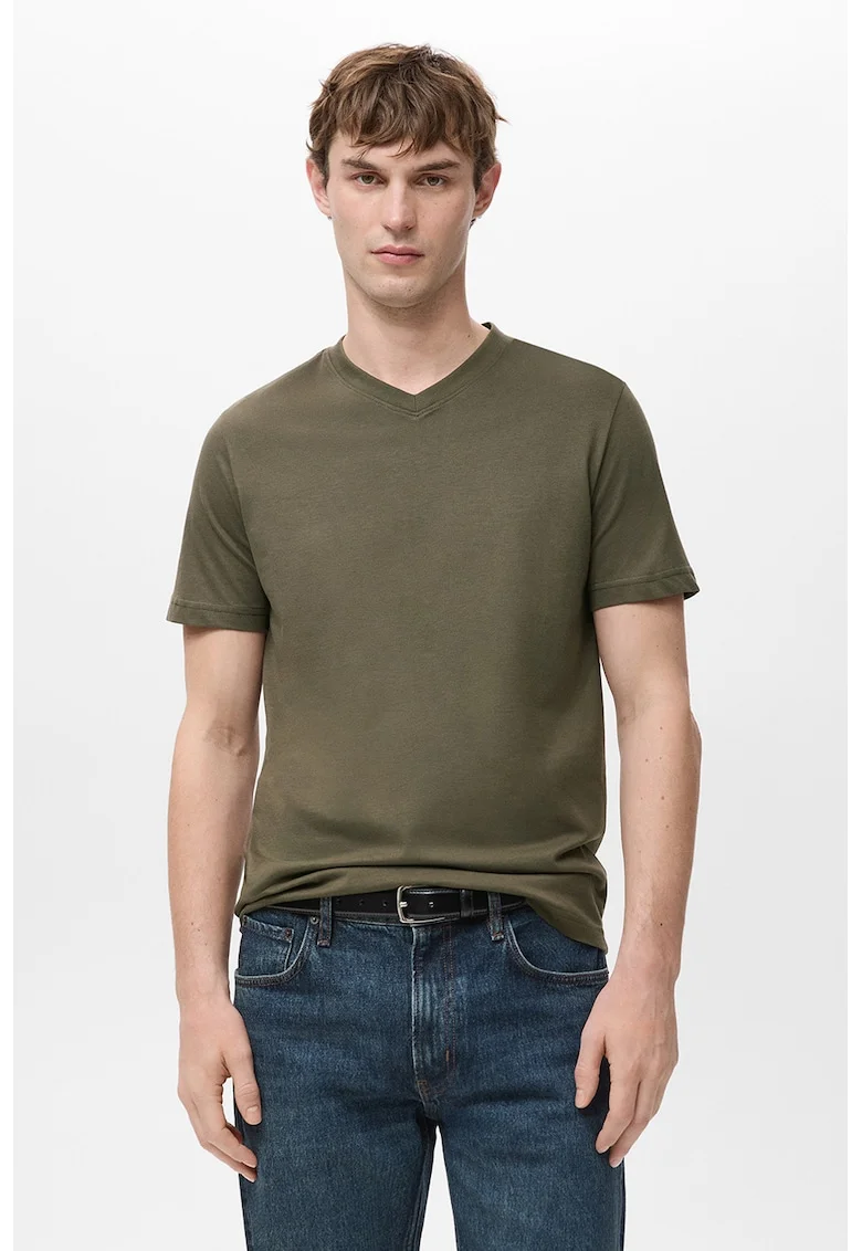 Tricou reagular-fit de bumbac cu decolteu in V, Kaki
