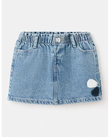 Fusta mini din denim cu broderie florala, Albastru deschis