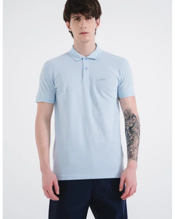 Tricou polo slim fit cu logo grafic, Albastru pastel