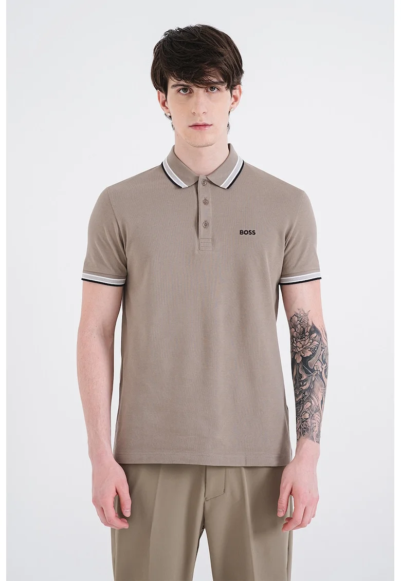 Tricou polo regular fit din bumbac pique cu margini contrastante Paddy, Maro taupe