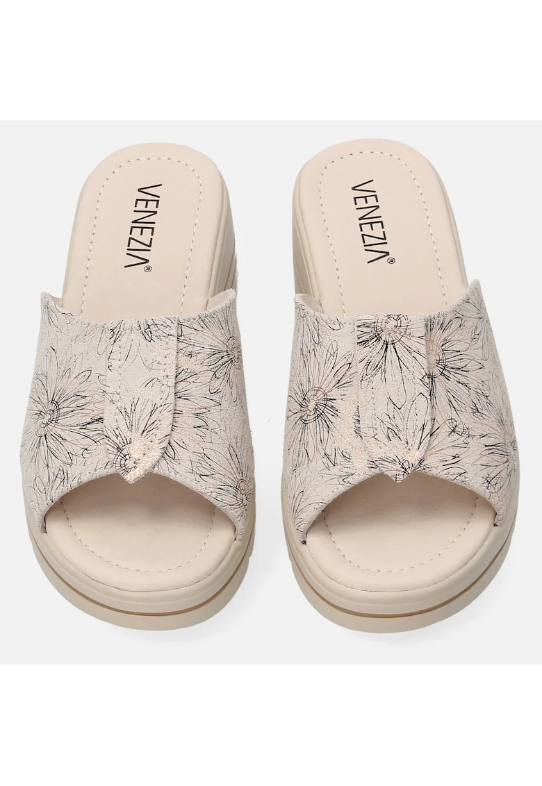 Papuci wedge din piele cu model floral