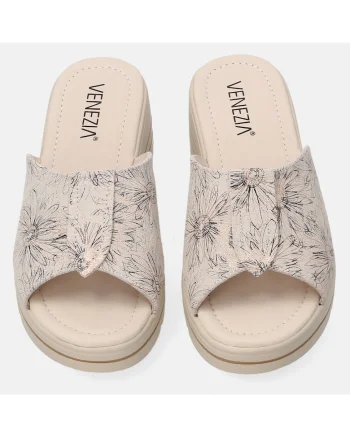 Papuci wedge din piele cu model floral